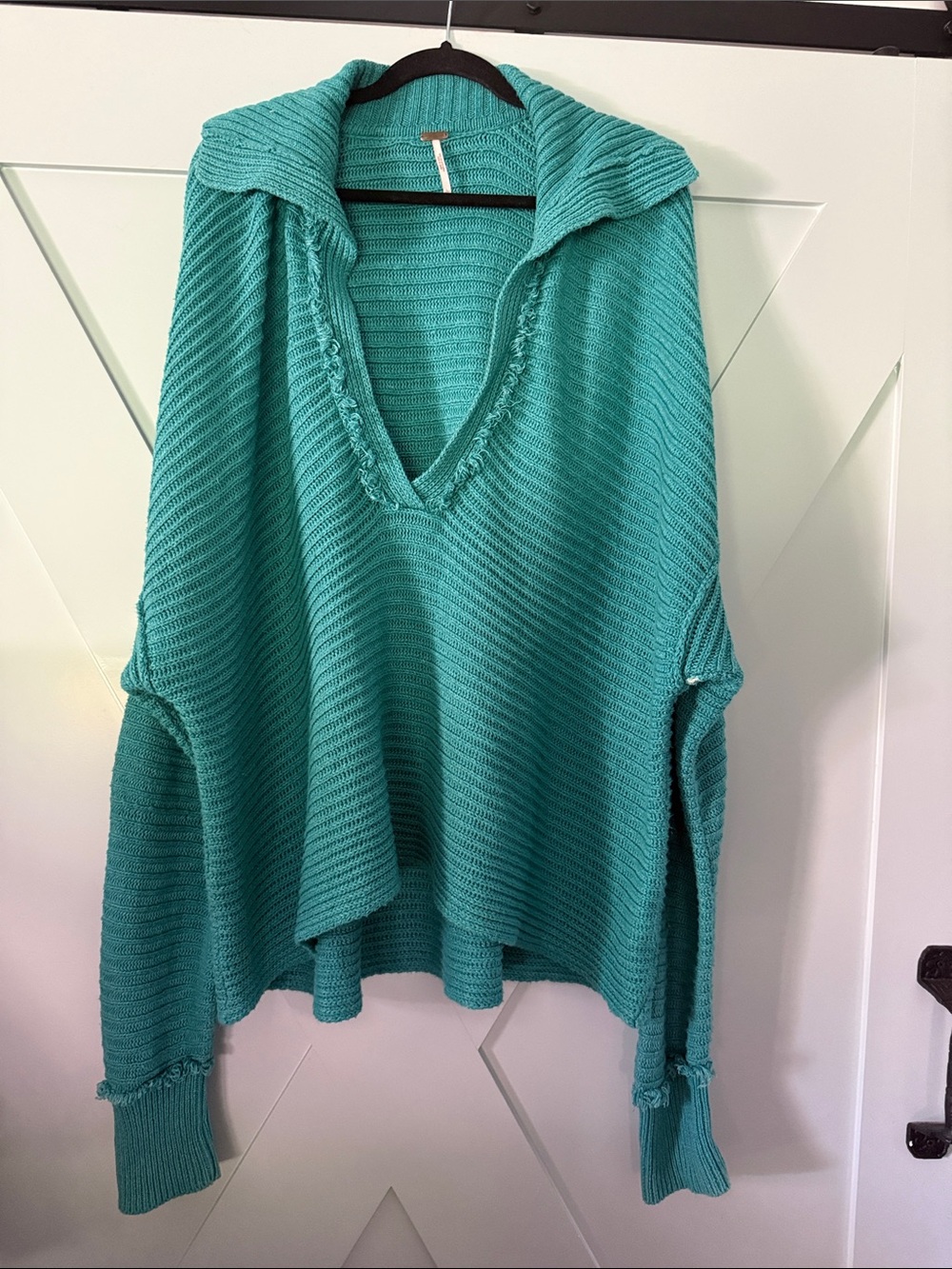 Free People Teal V Neck Open-Knit Sweater